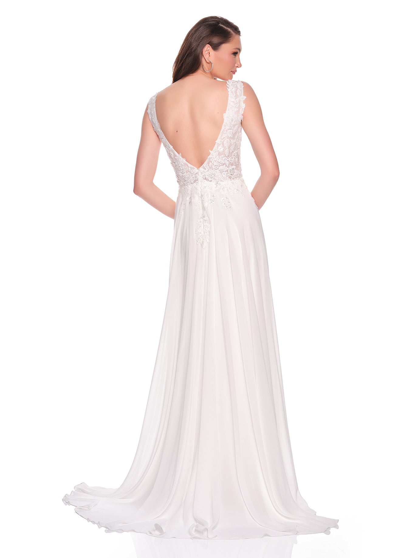 FLOWY CHIFFON BRIDAL GOWN WITH DEEP V NECKLINE AND BEADED ILLUSION BODICE