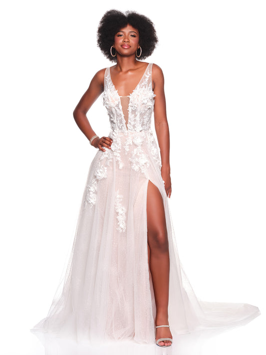 TULLE BRIDAL GOWN WITH DEEP V-ILLUSION NECKLINE & 3D MOTIF