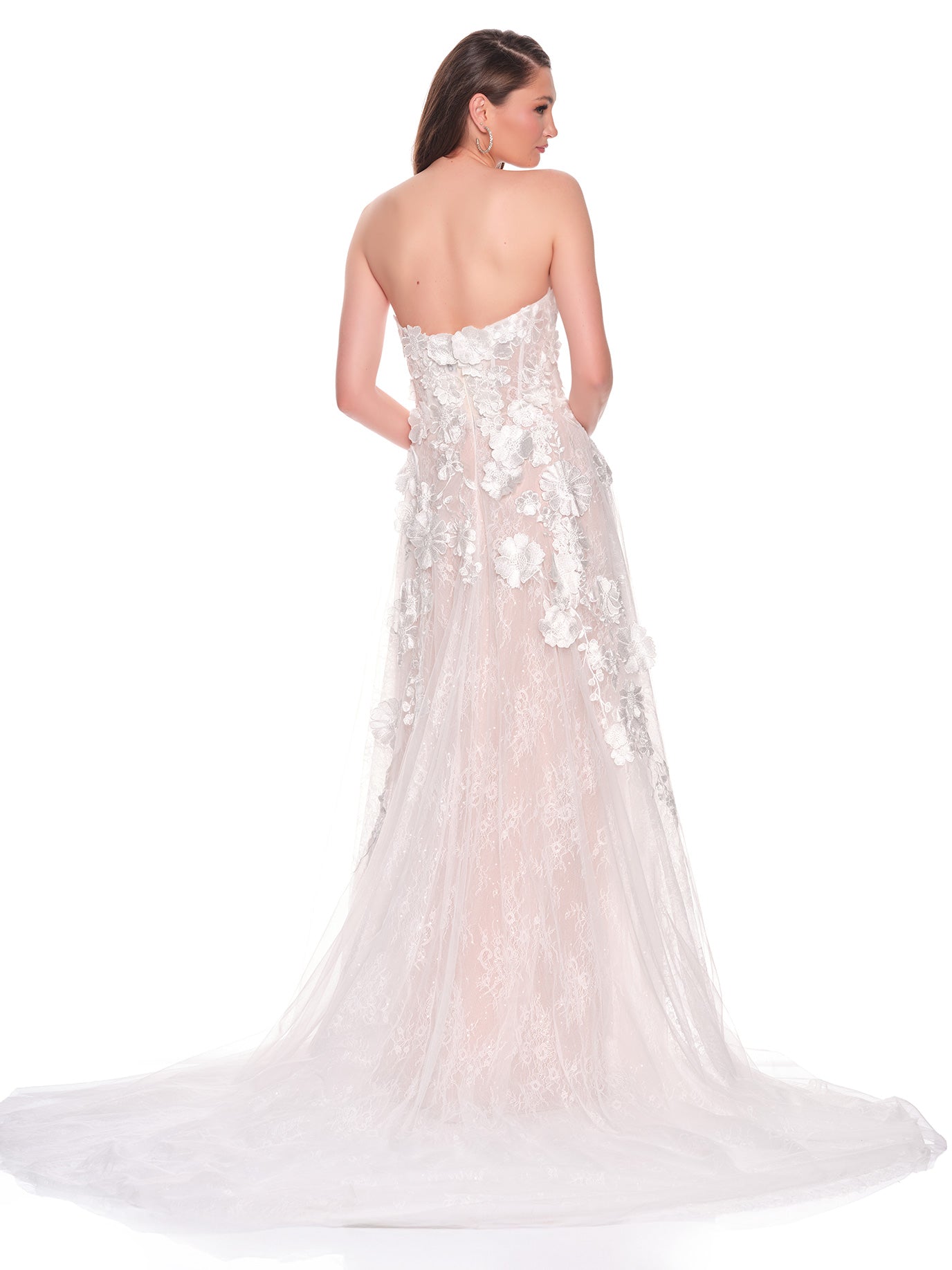 TULLE BRIDAL GOWN WITH 3D FLORAL MOTIF AND LACE UNDERSKIRT