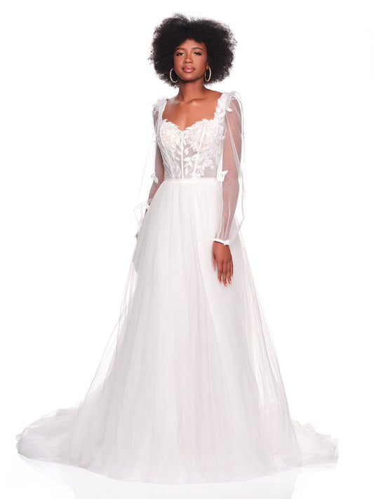 SHEER ILLUSION SLEEVE BRIDAL GOWN WITH LEAF APPLIQUES