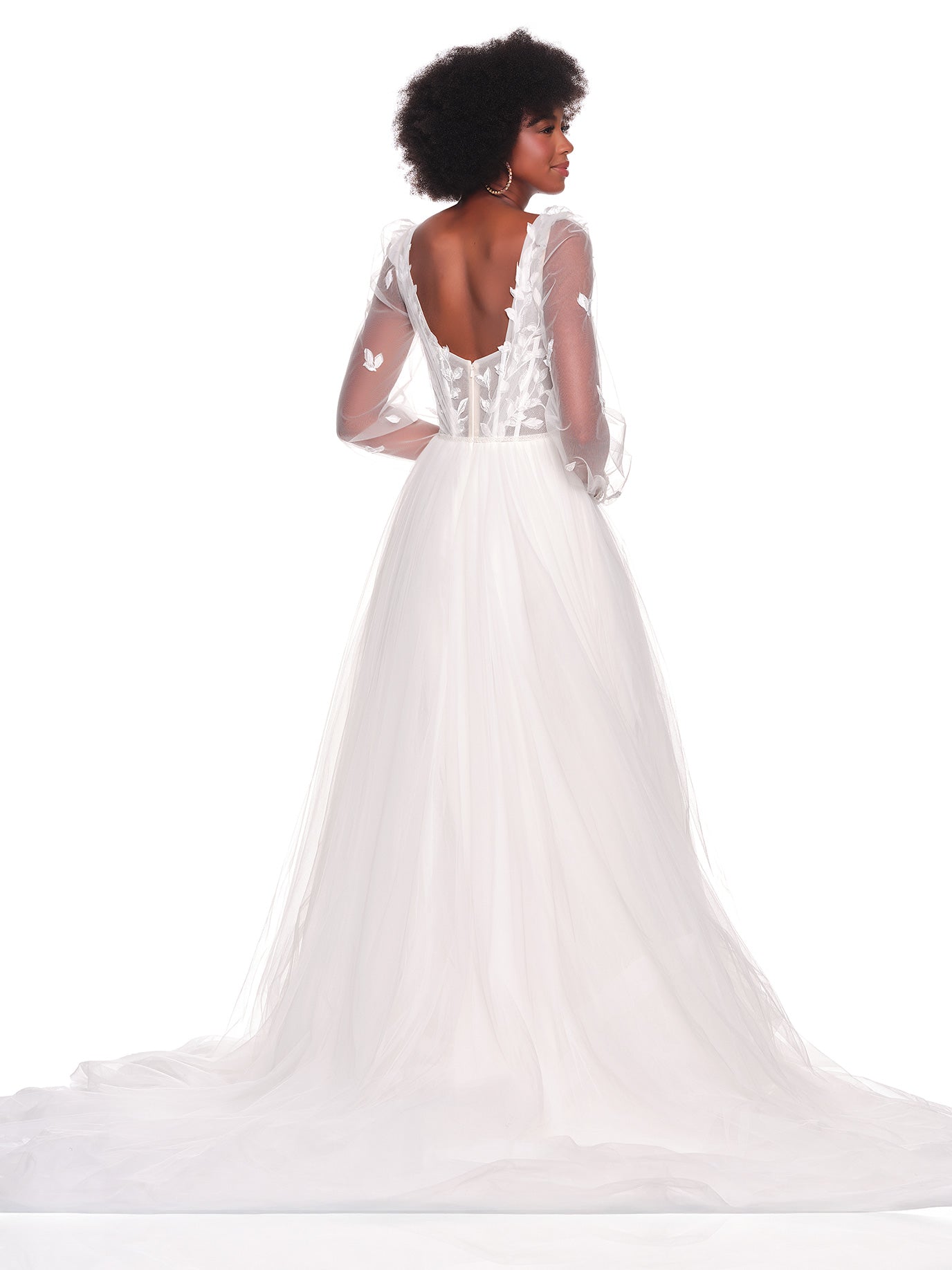 SHEER ILLUSION SLEEVE BRIDAL GOWN WITH LEAF APPLIQUES
