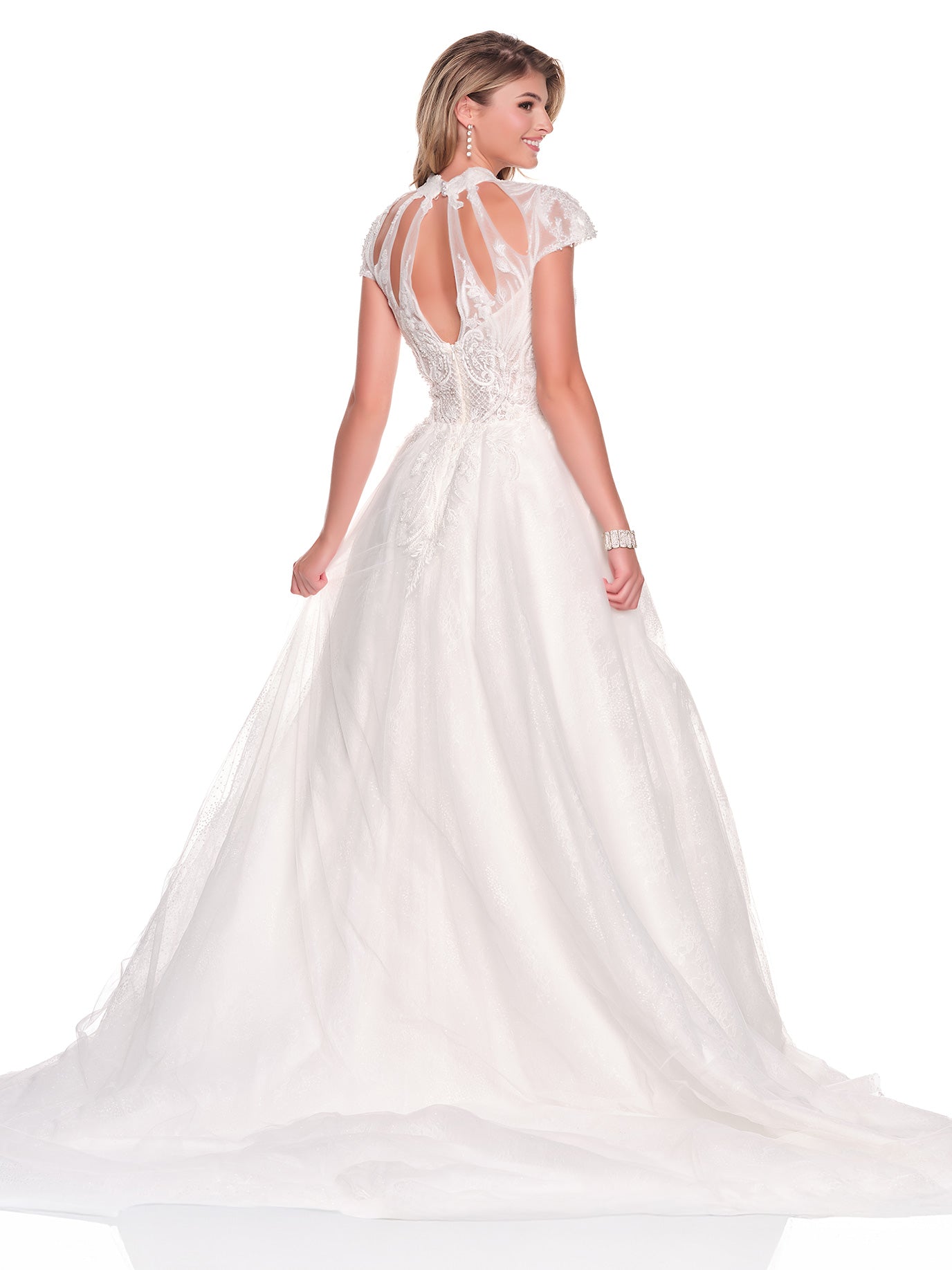A-LINE BALLGOWN BRIDAL DRESS WITH BEADED HIGH NECK CUT OUT BODICE