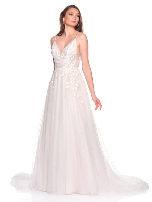 DEEP V BACK BRIDAL GOWN WITH LEAF APPLIQUES