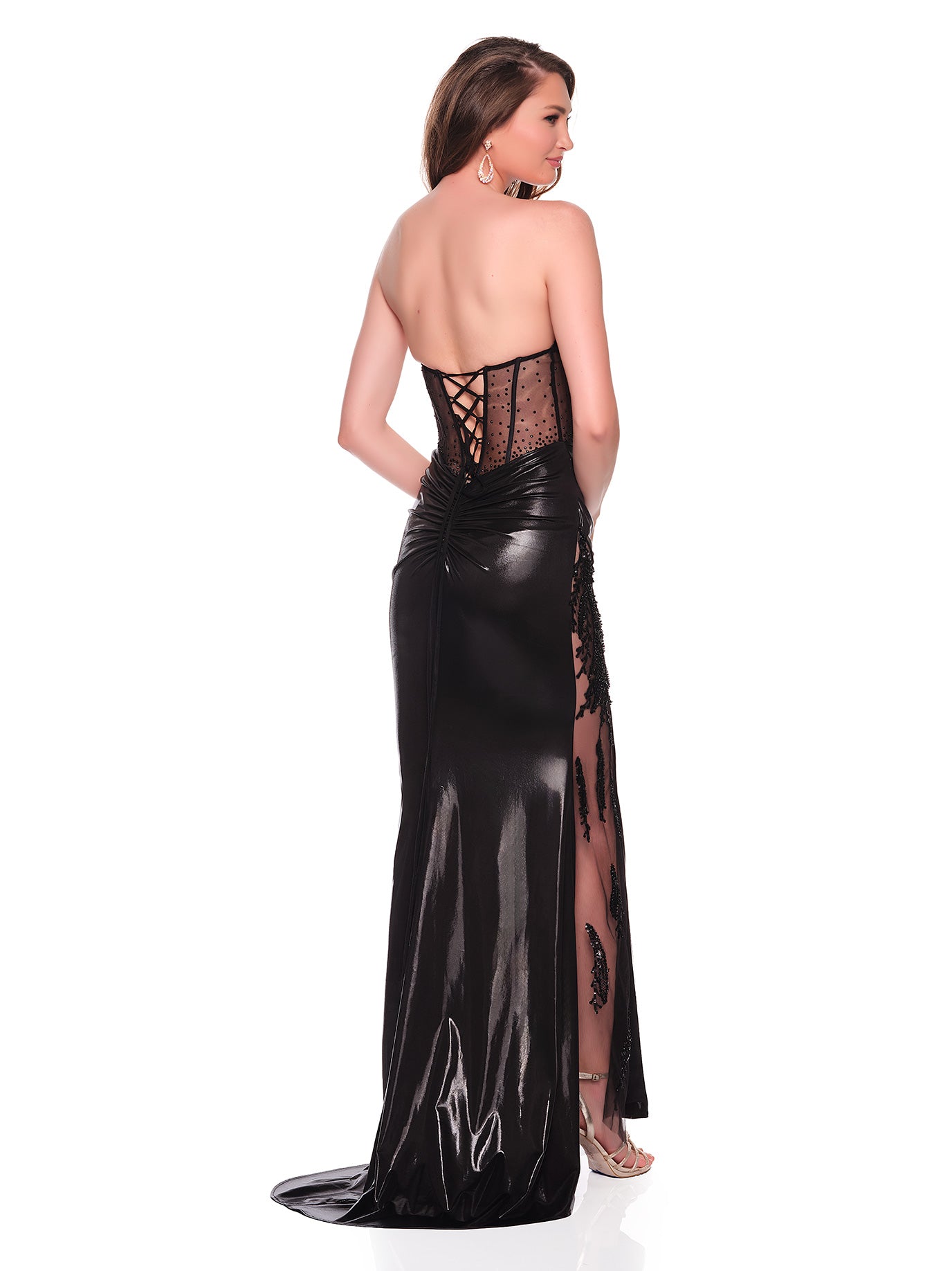 ILLUSION SIDE PANEL DRESS WITH STRAPLESS EMBELLISHED BODICE
