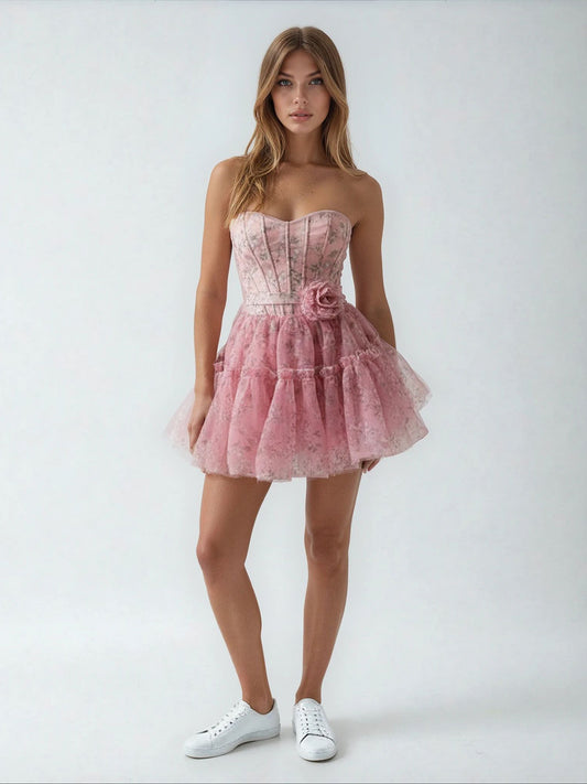 STRAPLESS ALINE PRINTED TULLE DRESS WITH FLOWER BELT DETAIL
