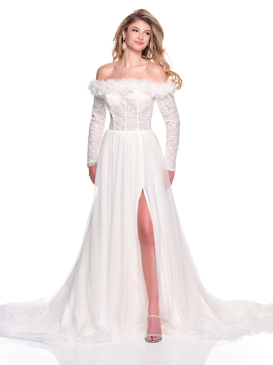 LACE OFF THE SHOULDER BRIDAL GOWN WITH FLOWY A-LINE SKIRT
