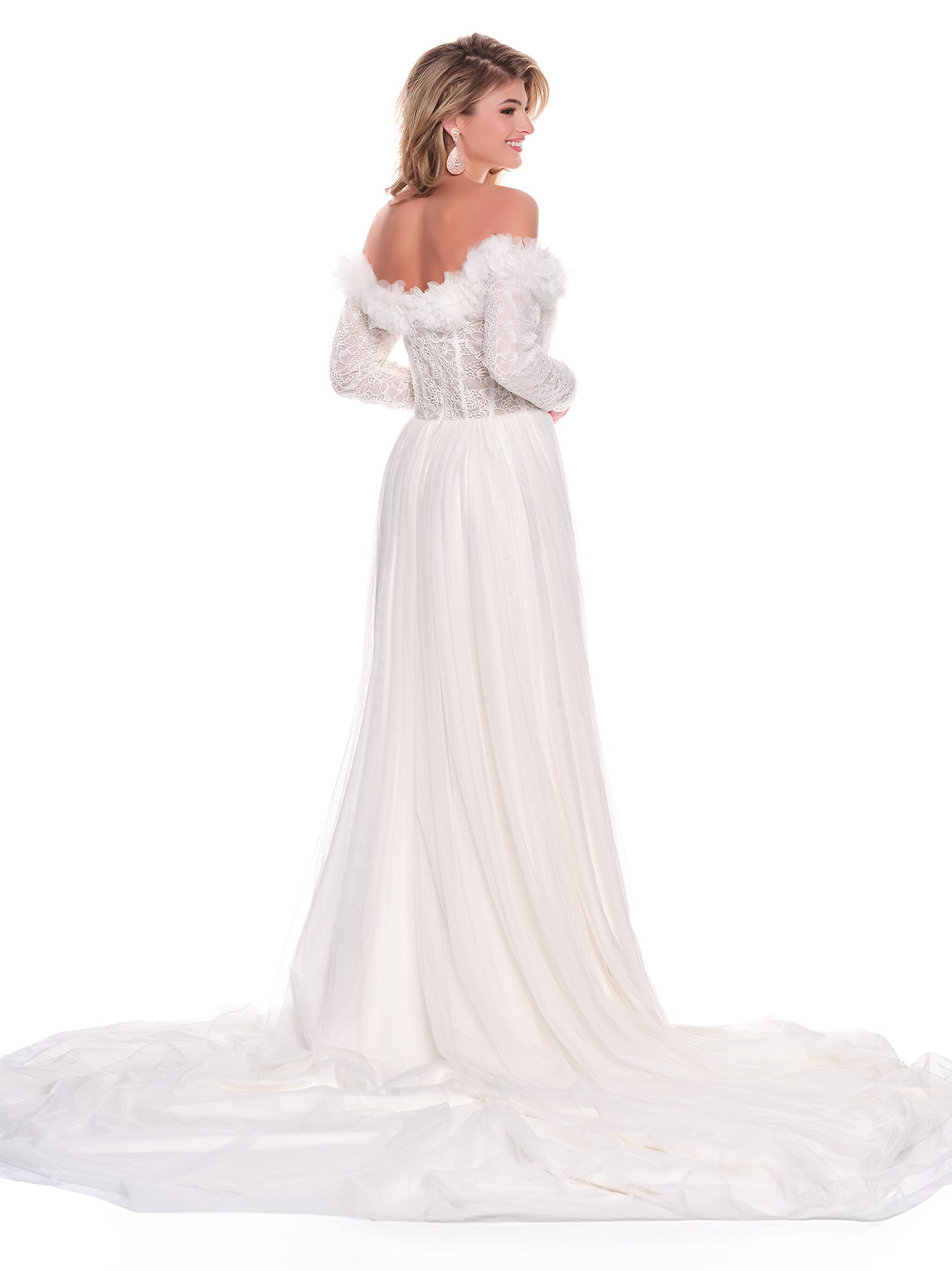 LACE OFF THE SHOULDER BRIDAL GOWN WITH FLOWY A-LINE SKIRT