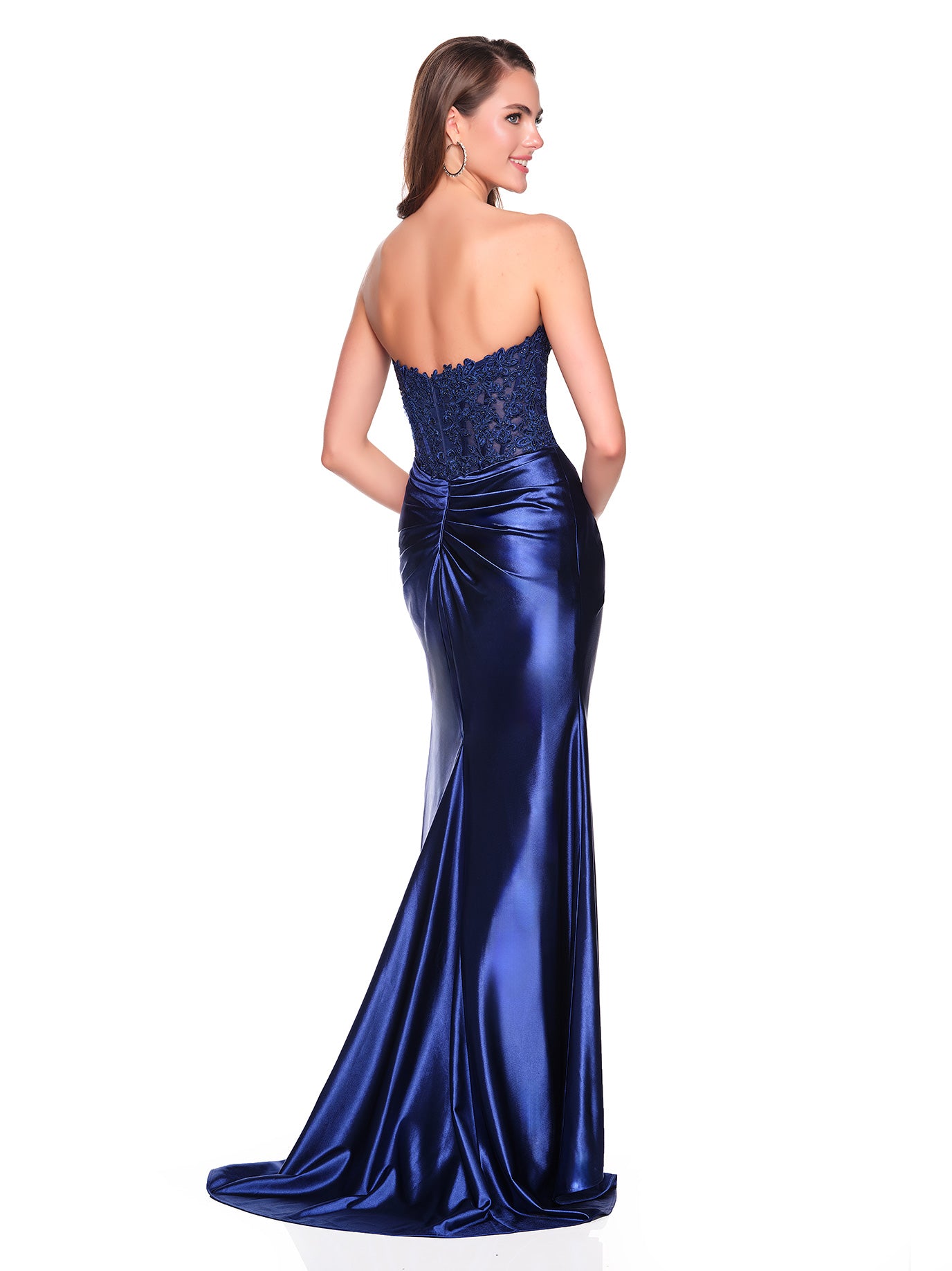 STRAPLESS EMBROIDERED GOWN WITH DEEP V ILLUSION PLUNGE
