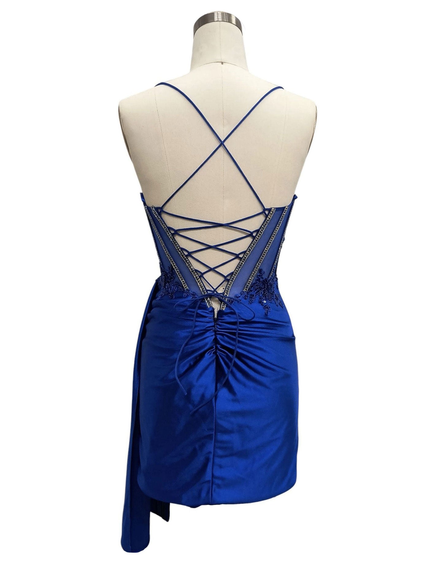 FITTED ILLUSION MINI DRESS WITH STONE ACCENTS AND SIDE SASH