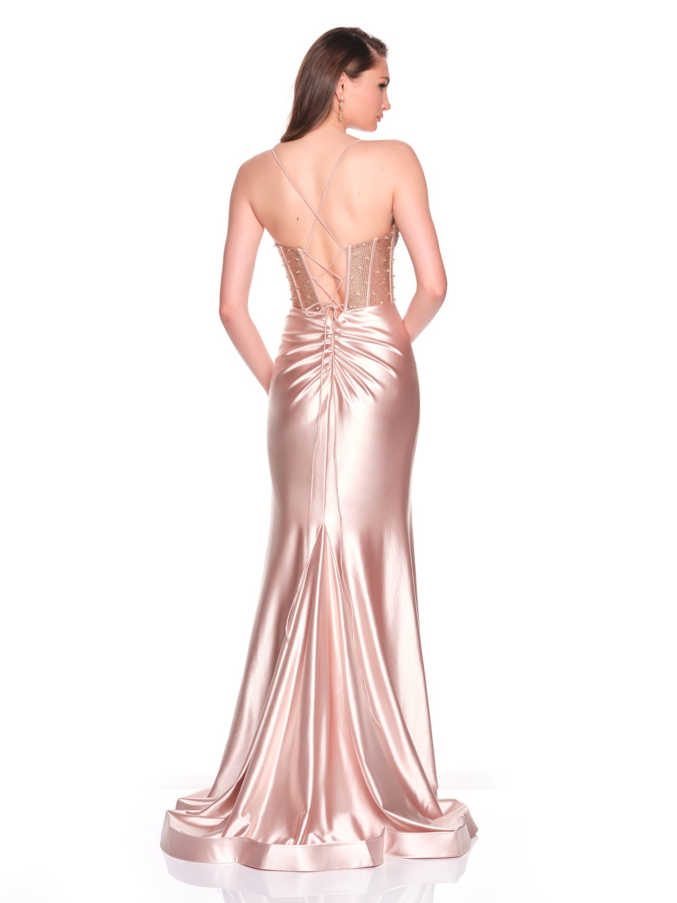 FITTED STRETCH DRESS WITH STONE AND BEAD ENCRUSTED TOP