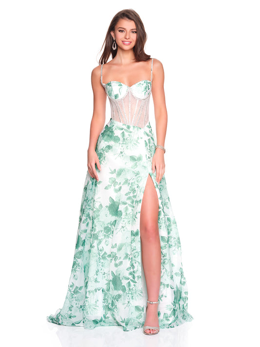 PRINTED FLOWY CHIFFON DRESS WITH ILLUSION BODICE