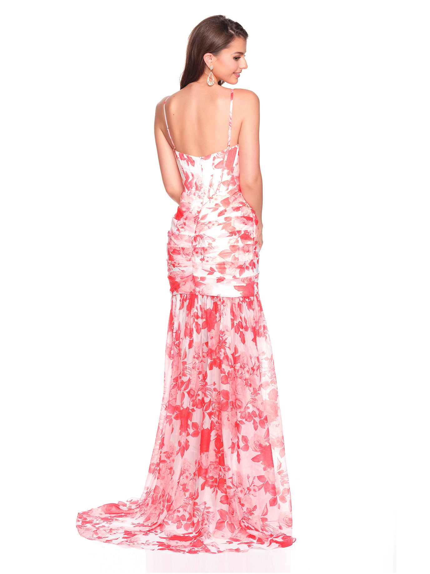FITTED PRINTED CHIFFON DRESS WITH RUCHING DETAIL AND HIGH SLIT