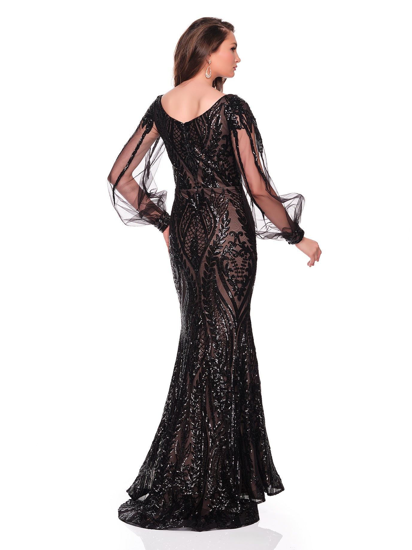 FITTED DRESS WITH BISHOP SLEEVES AND SEQUIN PATTERN DETAIL