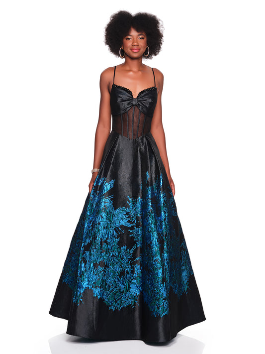 BROCADE BALLGOWN WITH SHEER BODICE