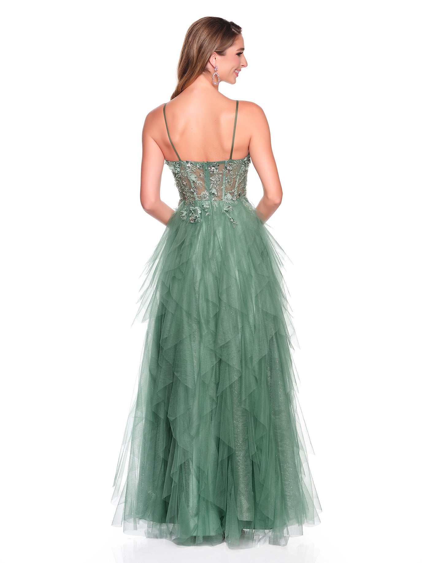 CASCADING TIERED TULLE DRESS WITH 3D MOTIF APPLIQUES