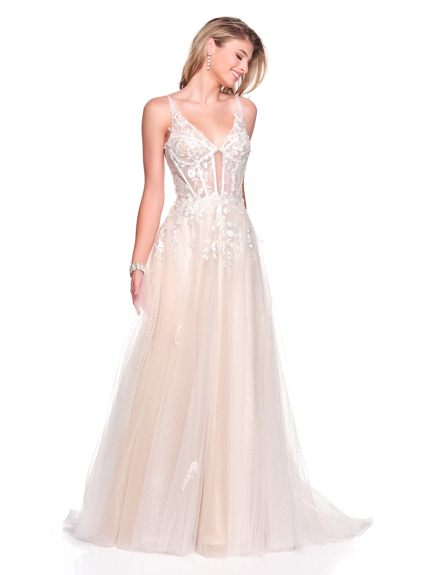 SHEER ILLUSION BODICE WITH APPLIQUES AND SKIRT WITH CONTRAST NUDE LINING
