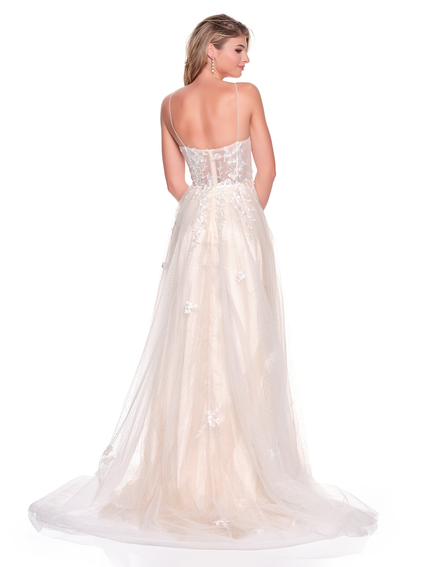 SHEER ILLUSION BODICE WITH APPLIQUES AND SKIRT WITH CONTRAST NUDE LINING