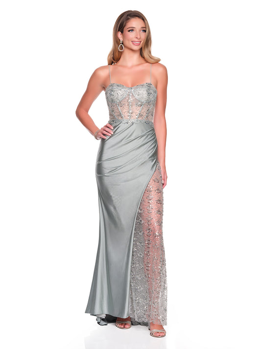 FITTED STRETCH DRESS WITH FRONT SLIT BEADED PANEL