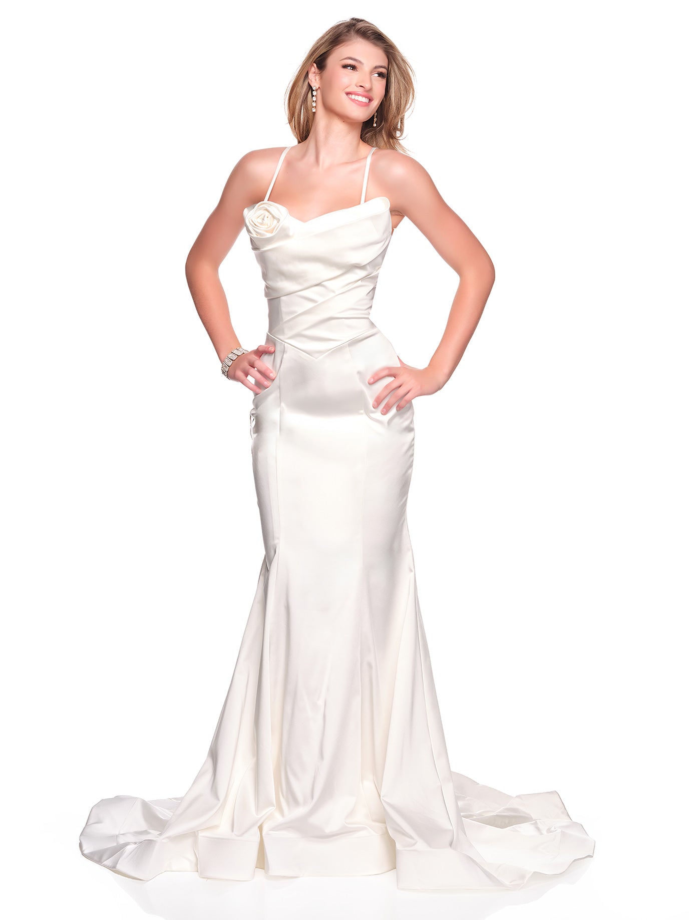 FITTED RUCHED BODICE SATIN BRIDAL DRESS WITH LACE UP BACK
