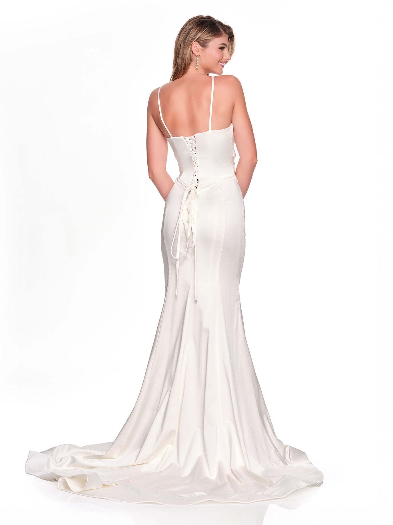FITTED RUCHED BODICE SATIN BRIDAL DRESS WITH LACE UP BACK