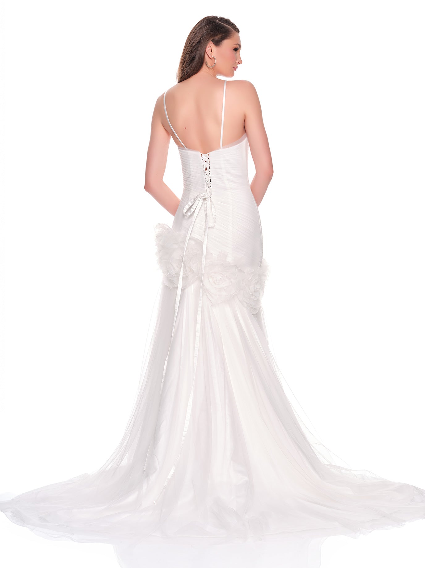 TULLE BRIDAL DRESS WITH GATHERED BODICE AND LARGE FLORAL 3D MOTIF