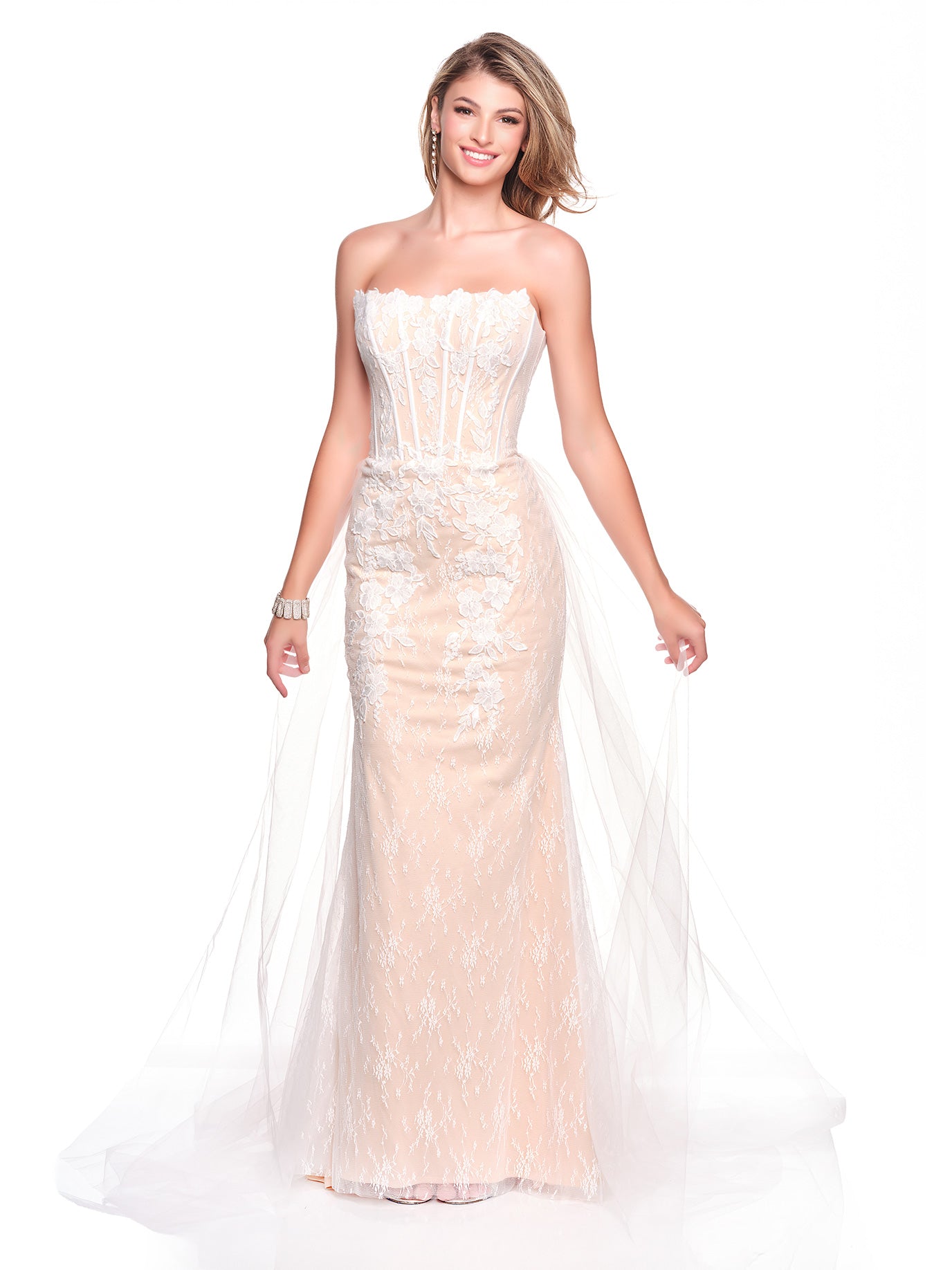 FITTED IVORY NUDE CORSET BRIDAL GOWN WITH DETACHABLE BACK SKIRT OVERLAY