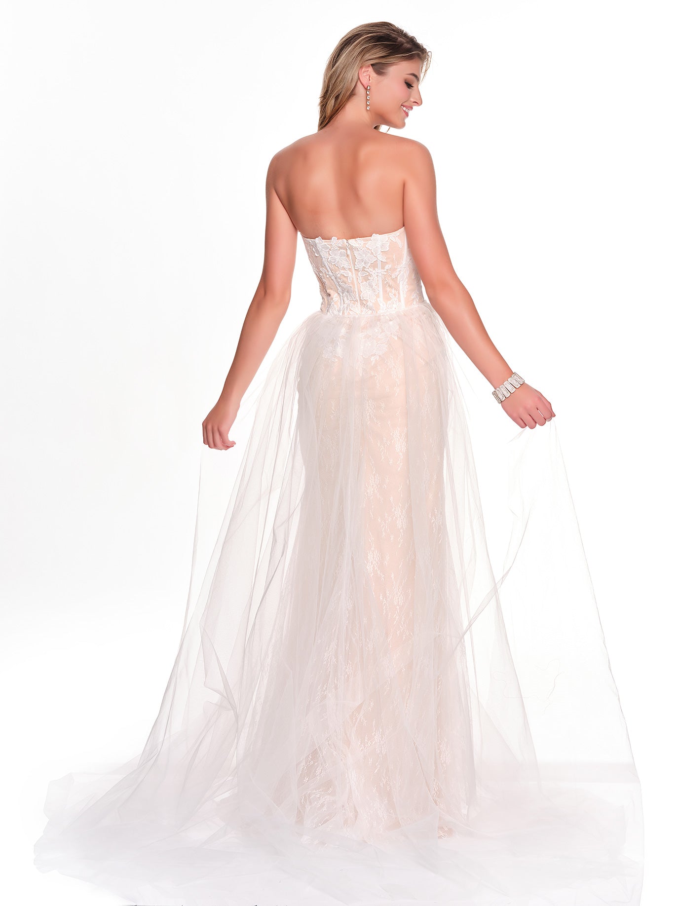 FITTED IVORY NUDE CORSET BRIDAL GOWN WITH DETACHABLE BACK SKIRT OVERLAY