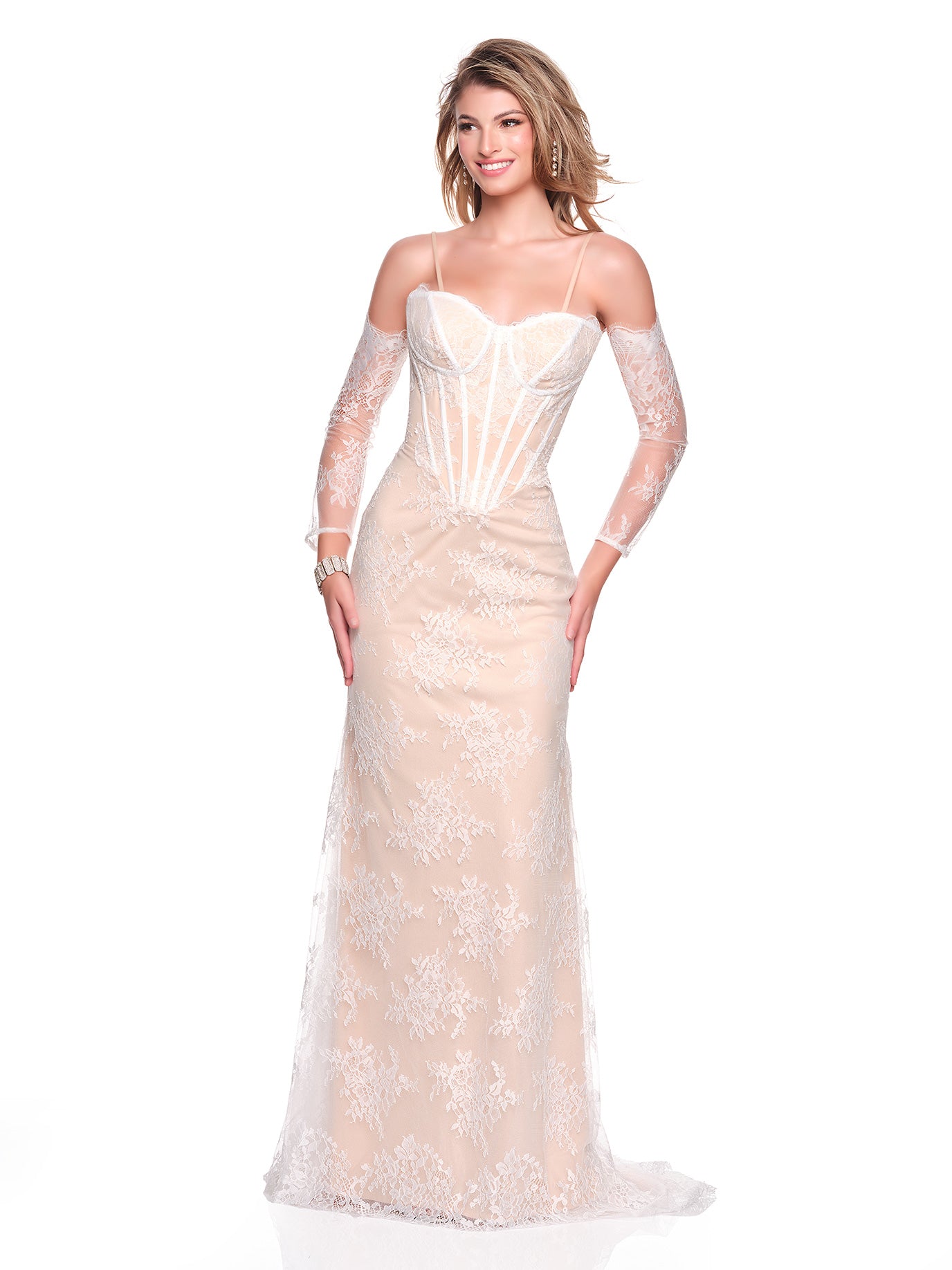 FITTED IVORY NUDE BASQUE WAIST BRIDAL GOWN WITH DETACHABLE SLEEVES