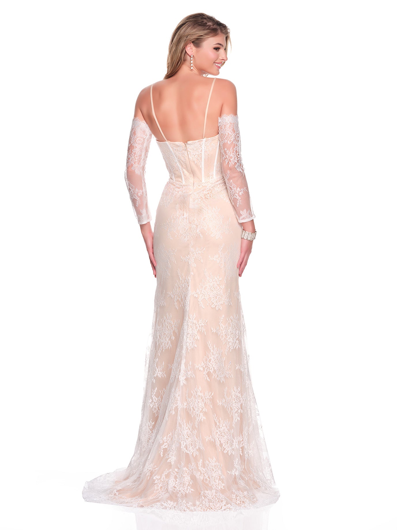 FITTED IVORY NUDE BASQUE WAIST BRIDAL GOWN WITH DETACHABLE SLEEVES