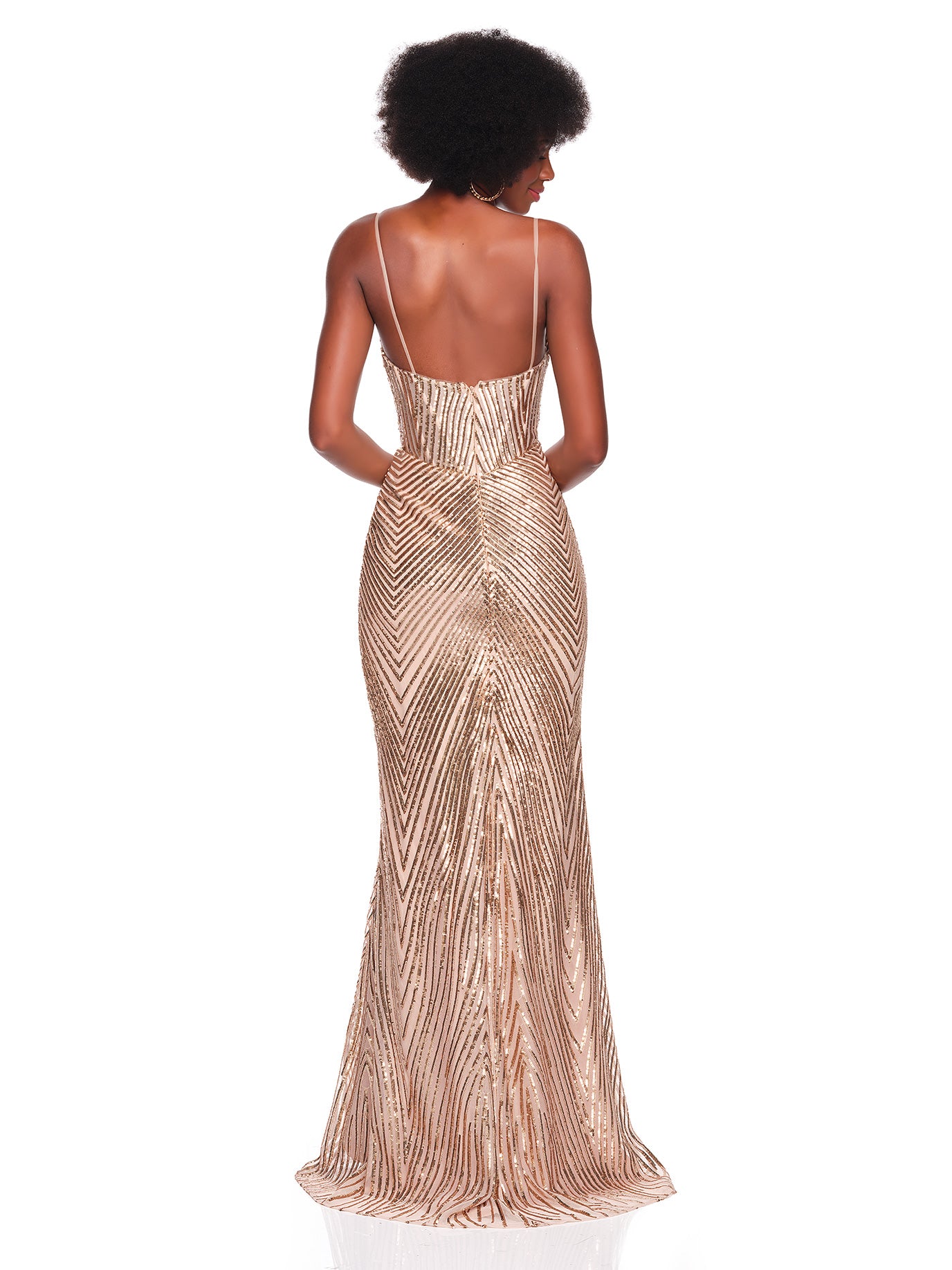 FITTED MESH GOWN WITH LINEAR SEQUIN PATTERN DESIGN