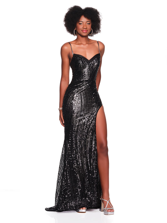FULLY SEQUIN GOWN WITH BACK ILLUSION PANELS& THIGH HIGH SLIT