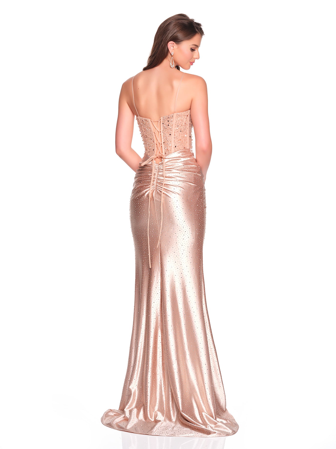SPAGHETTI STRAP GOWN WITH BEADED EMBELLISHMENTS AND RUCHED DETAILING