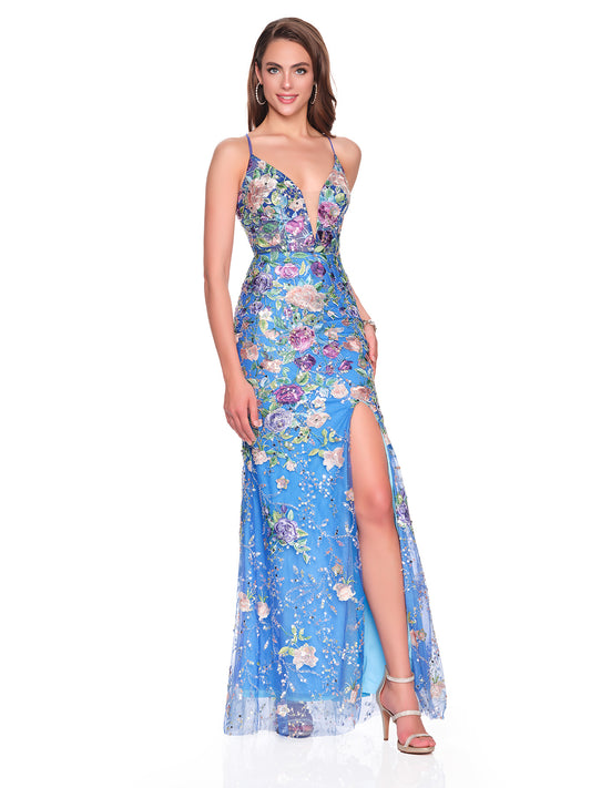 FITTED EMBROIDERED GOWN WITH BACK CRISS-CROSS STRAPS