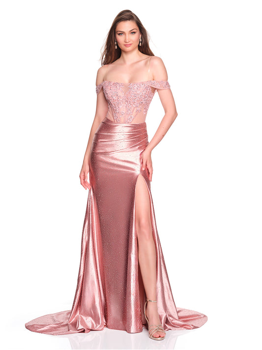 FITTED OFF THE SHOULDER GOWN WITH SHEER BODICE AND EMBELLISHMENTS