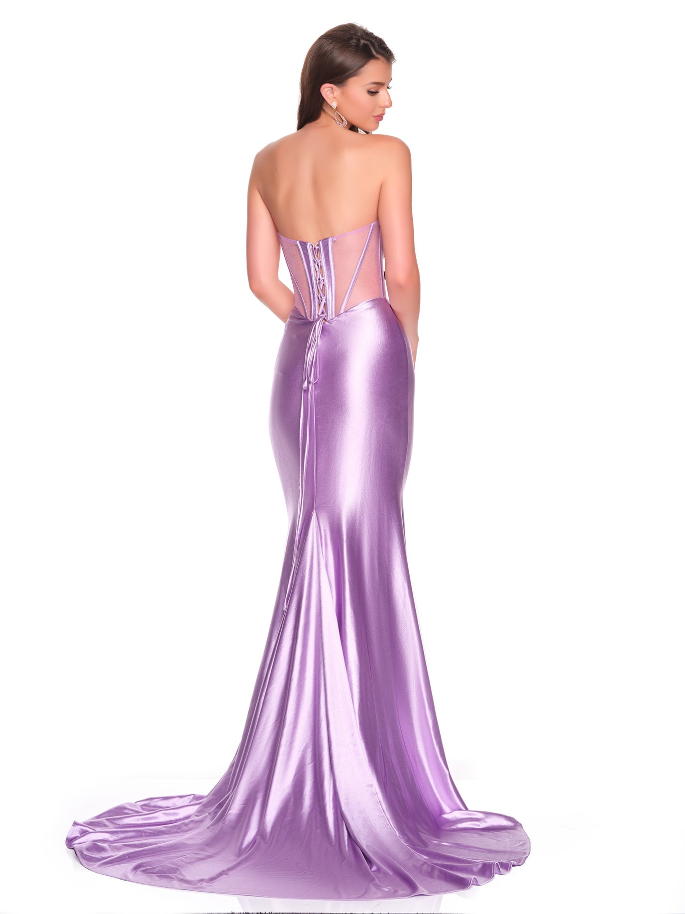 STRAPLESS CHARMEUSE DRESS WITH FITTED SHEER ILLUSION BODICE