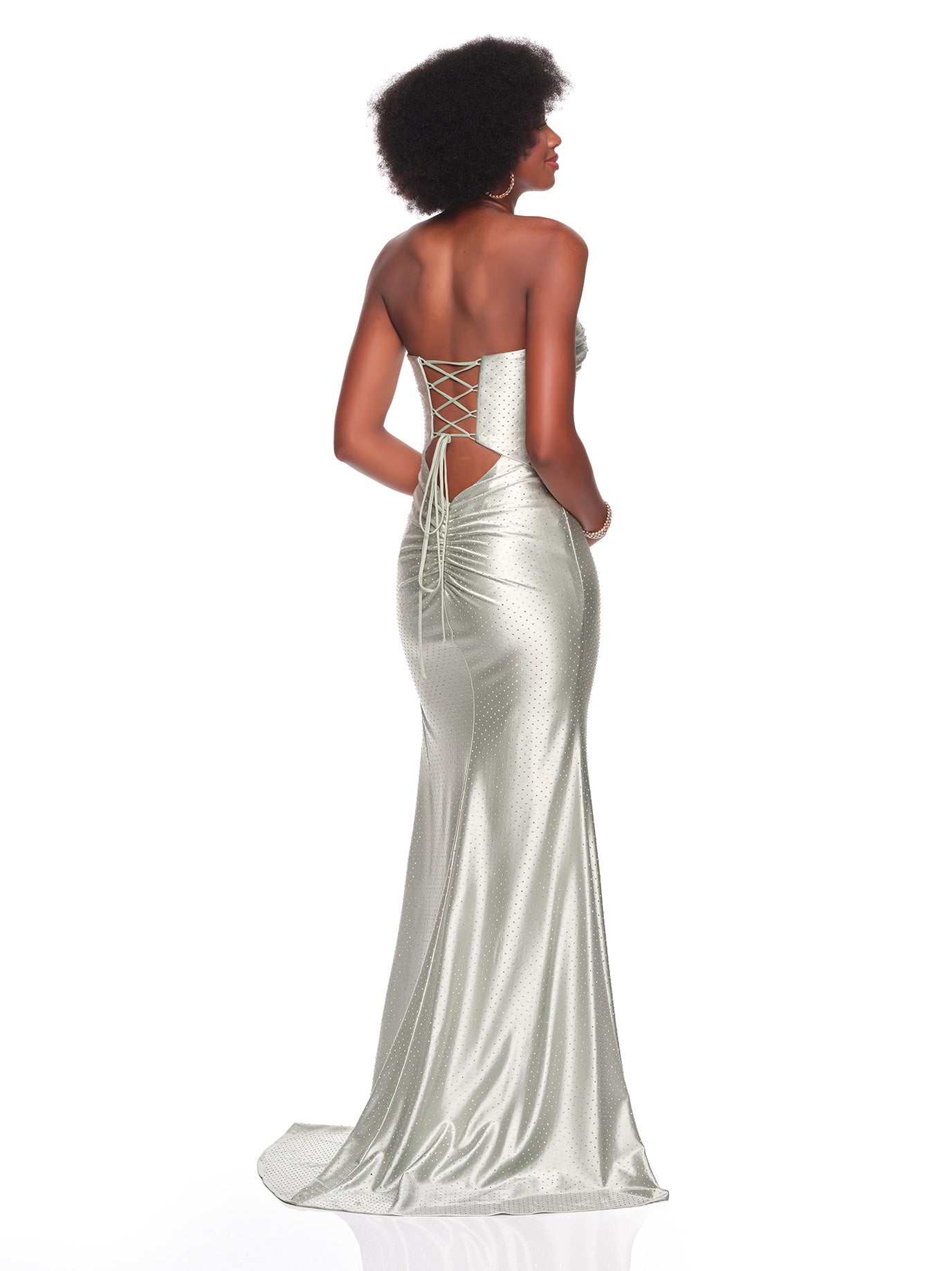 STRAPLESS CUTOUT DRESS WITH STONE ACCENTS AND HIGH SLIT