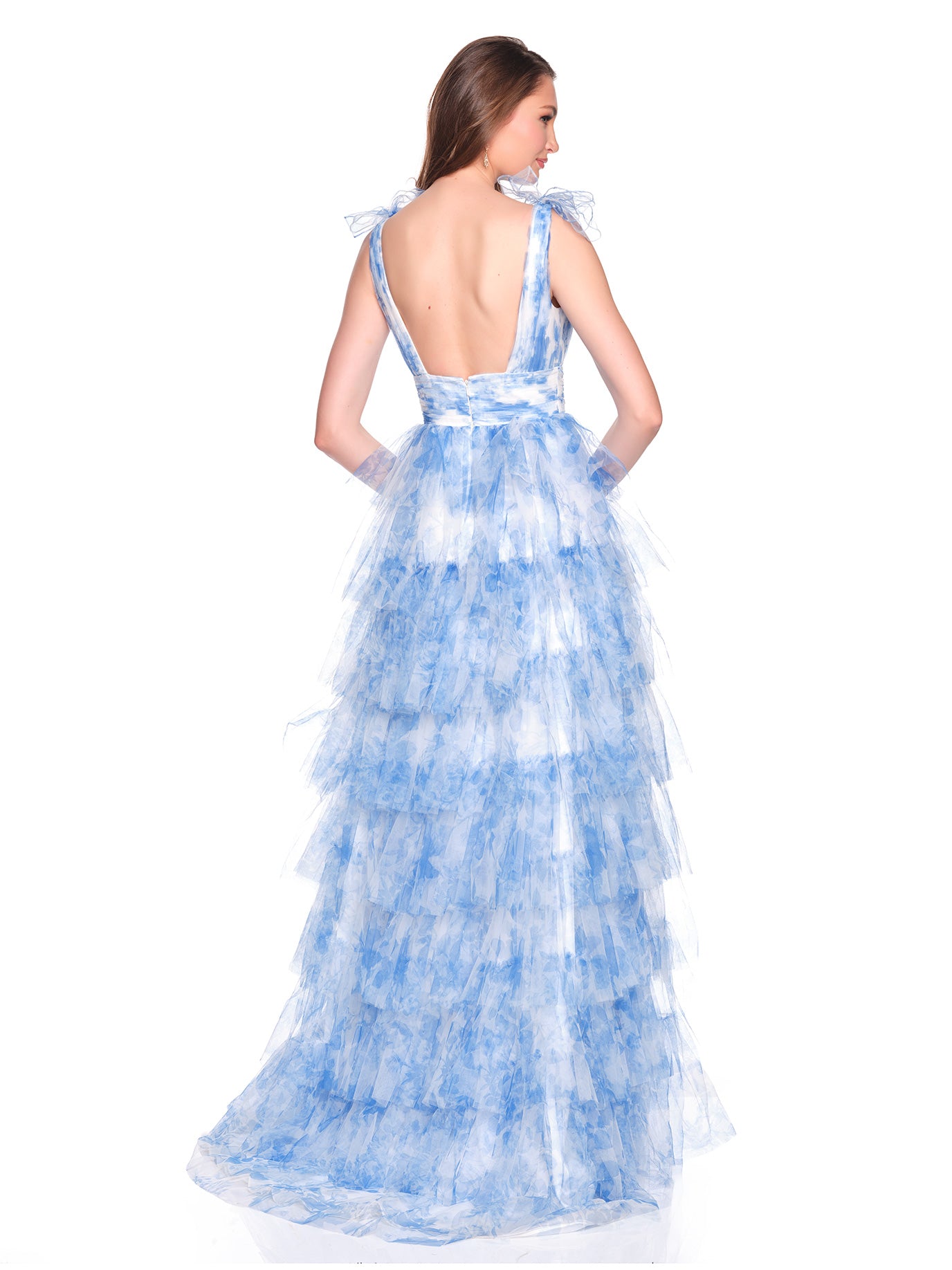 LAYERED PRINT TULLE DRESS WITH BOW DETAIL ON STRAPS