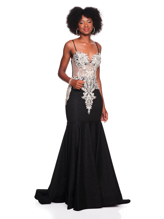FITTED SHIMMER DRESS WITH HEAVILY EMBELLISHED BODICE