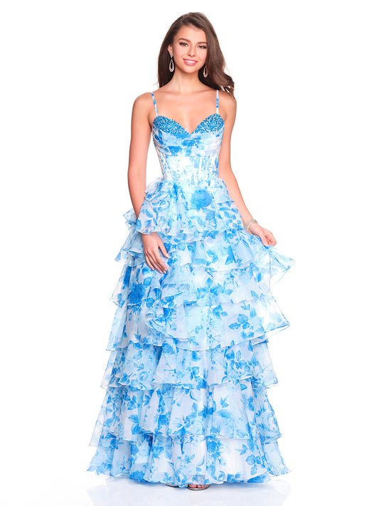 TIERED PRINTED GOWN WITH BEADED BODICE