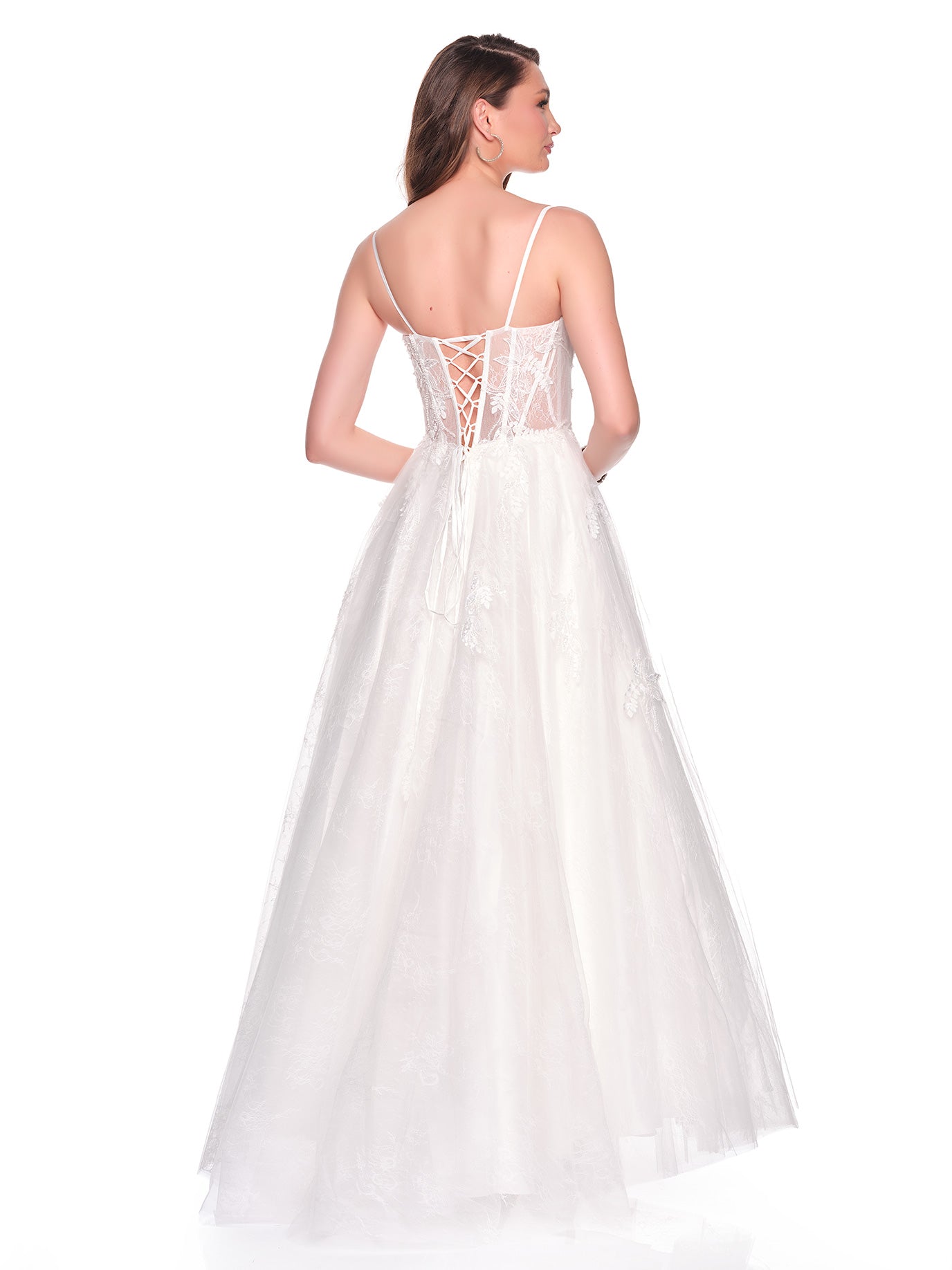 BRIDAL GOWN WITH BASQUE ILLUSION BODICE AND FULL A-LINE SKIRT