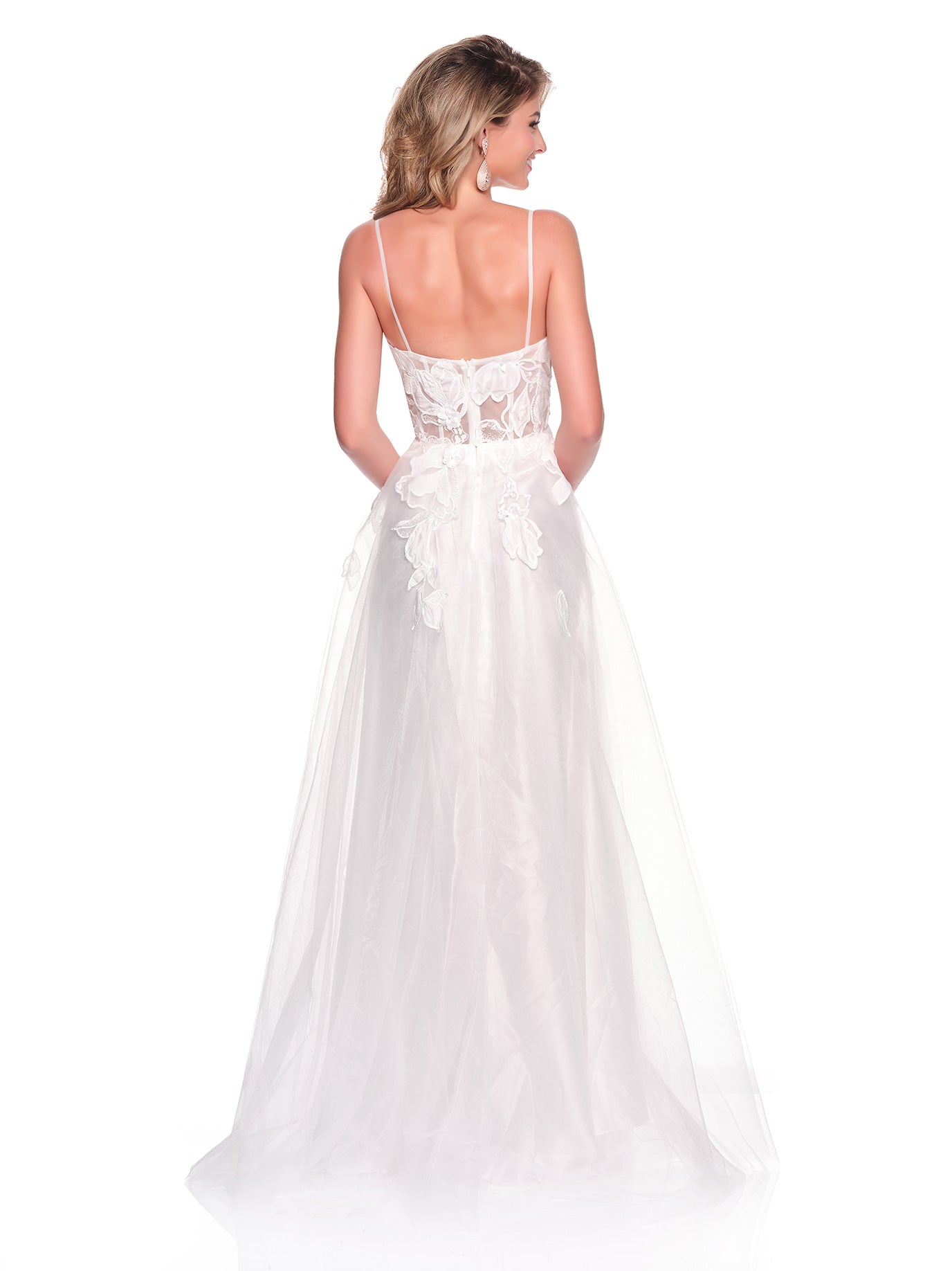 FLOWY A-LINE BRIDAL DRES WITH LEAF APPLIQUES ON ILLUSION BODICE