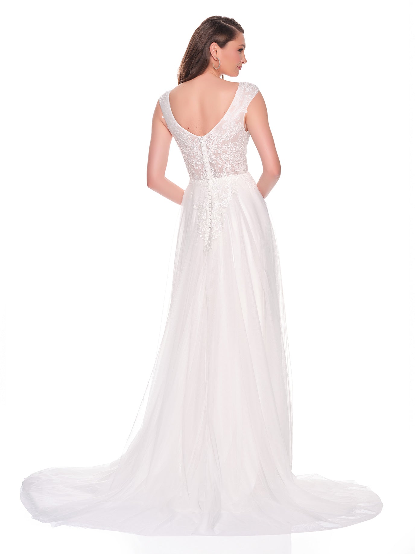 CAP SLEEVE ILLUSION BODICE BRIDAL GOWN WITH FLOWY A-LINE SKIRT