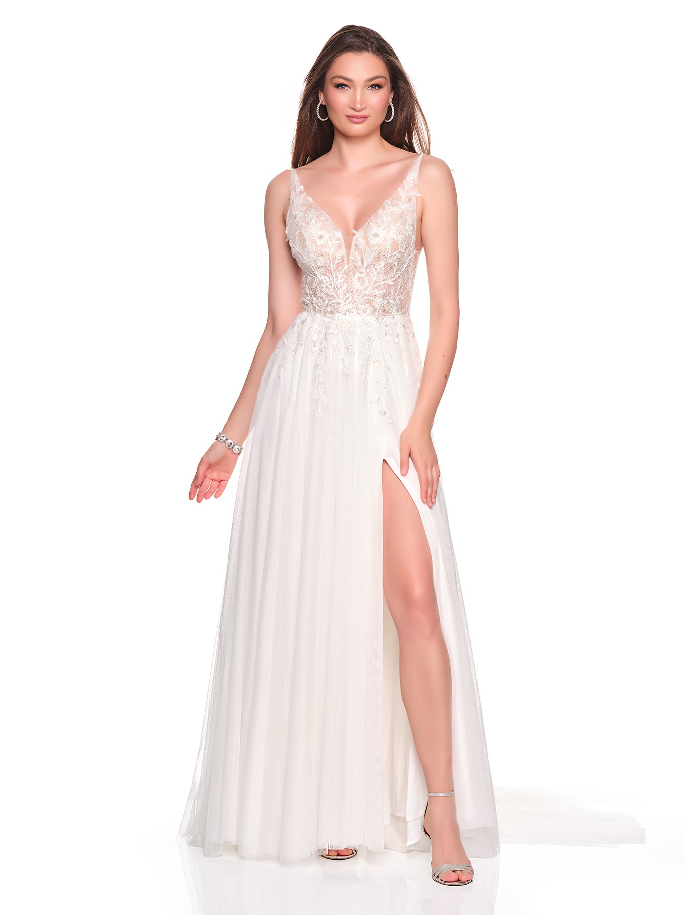 FLOWY DEEP V ILLUSION BODICE BRIDAL GOWN WITH FRONT SLIT
