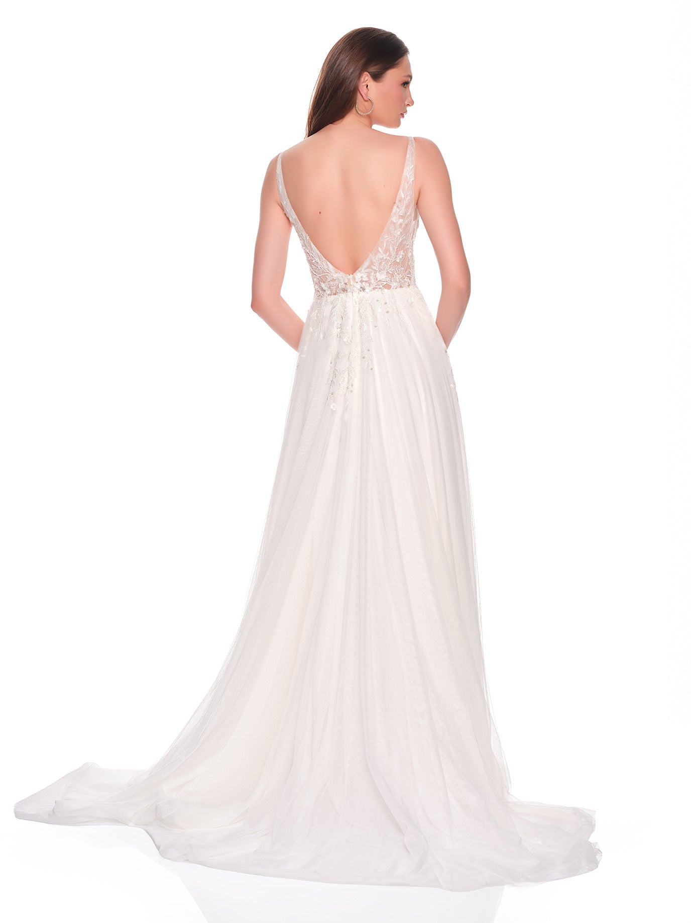 FLOWY DEEP V ILLUSION BODICE BRIDAL GOWN WITH FRONT SLIT