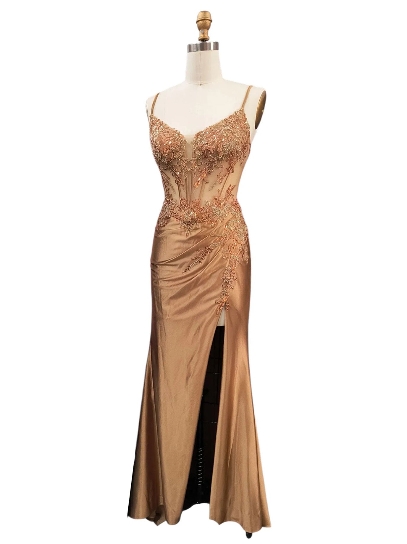 BEADED DRESS WITH ILLUSION BODICE AND BACK LACE UP