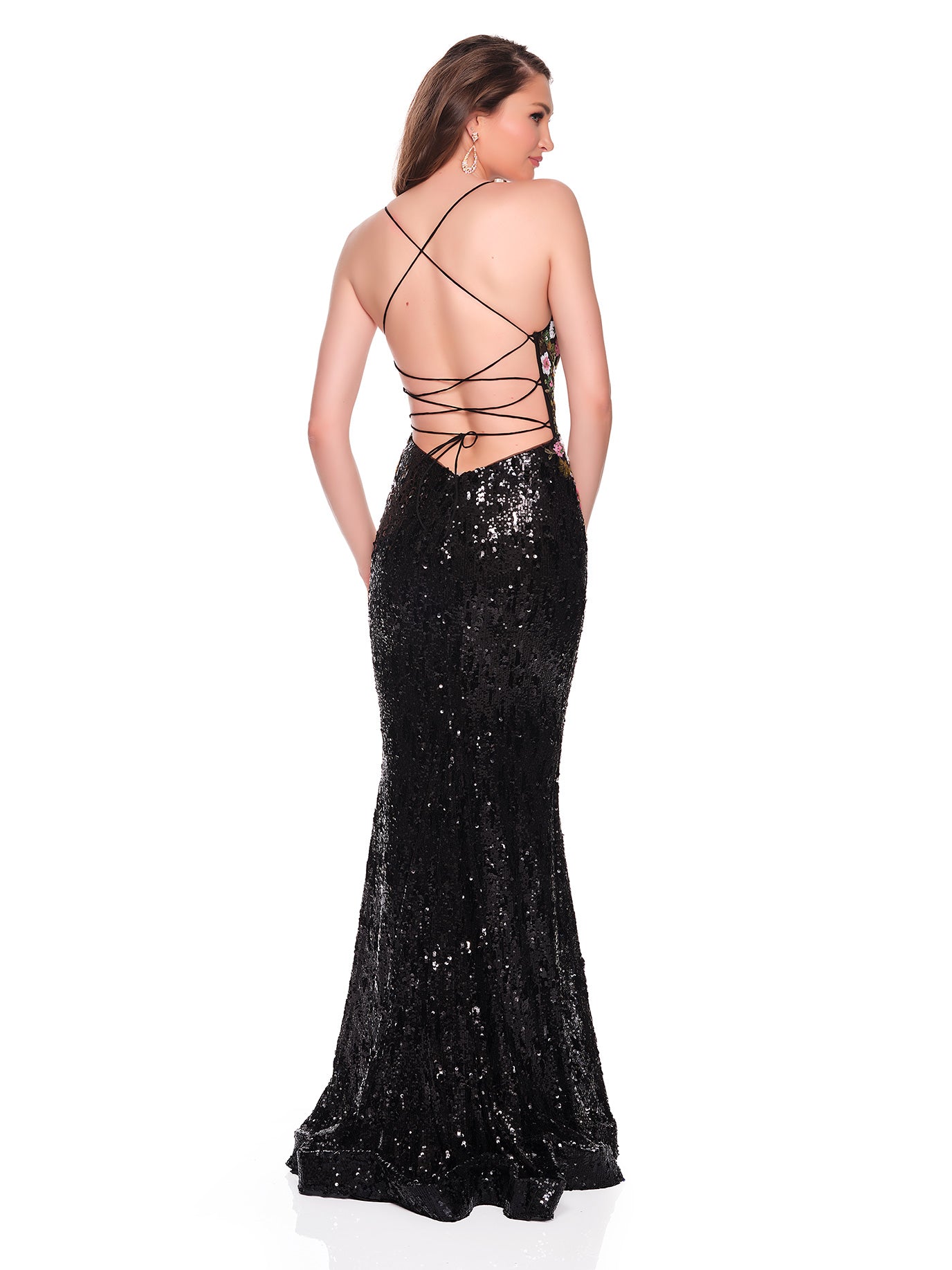 BLACK SEQUIN DRESS WITH FOLORAL SEQUIN DESIGN