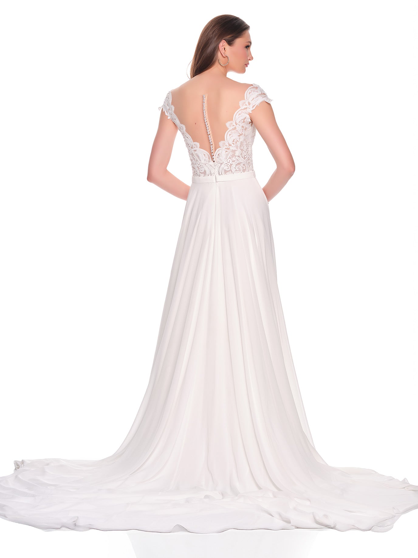 CAP SLEEVE LACE BRIDAL GOWN WITH FLOWY SKIRT