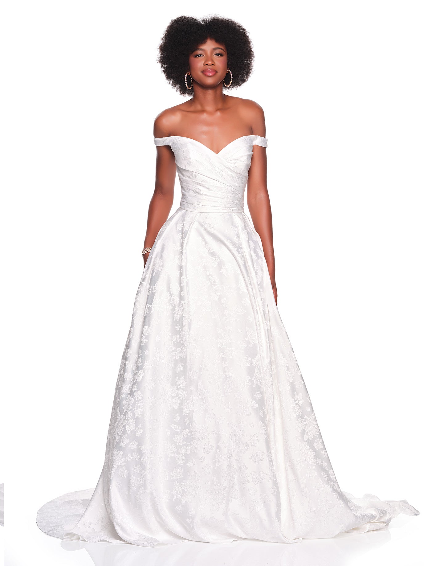 OFF THE SHOULDER THIN STRAP BROCADE BRIDAL GOWN