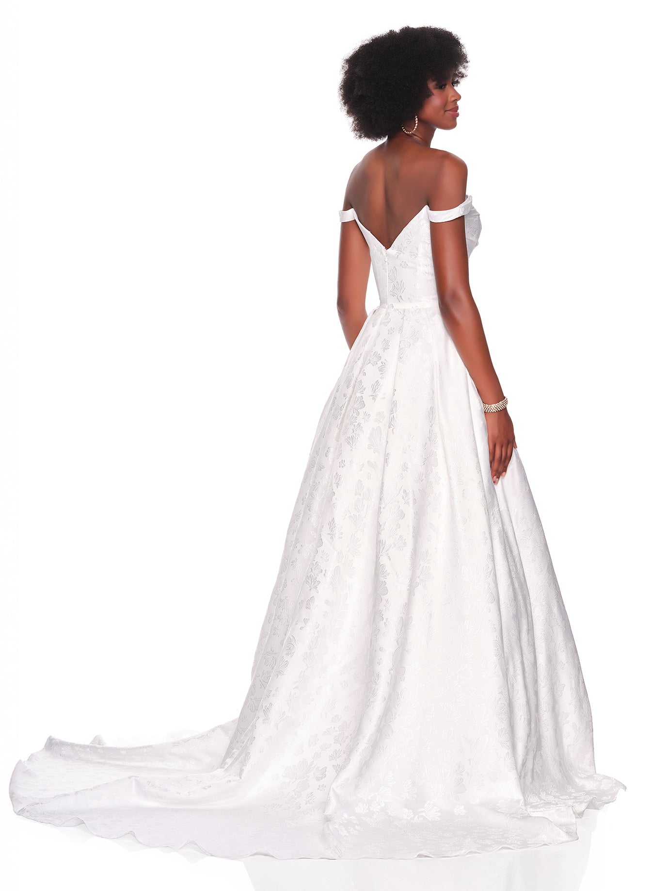 OFF THE SHOULDER THIN STRAP BROCADE BRIDAL GOWN
