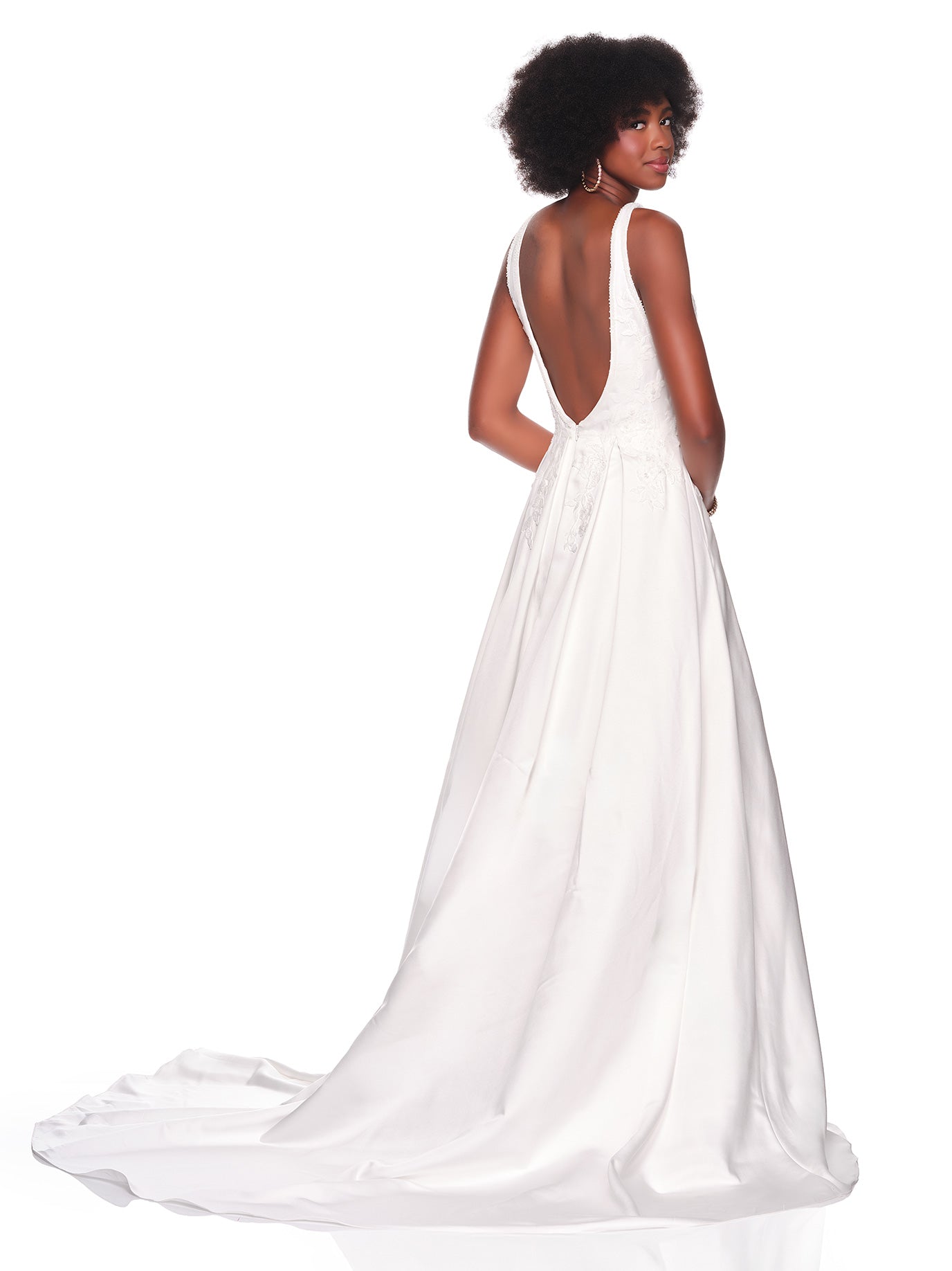 DEEP CUT OUT BACK SATIN BRIDAL DRESS WITH DEEP PLUNGE BODICE